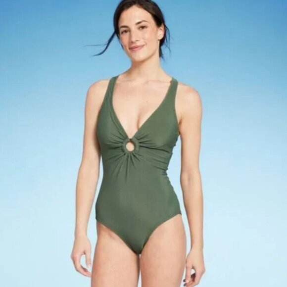 Ribbed Plunge Ring Detail One Piece Swimsuit - Shade & Shore Dark Green M - Picture 1 of 4